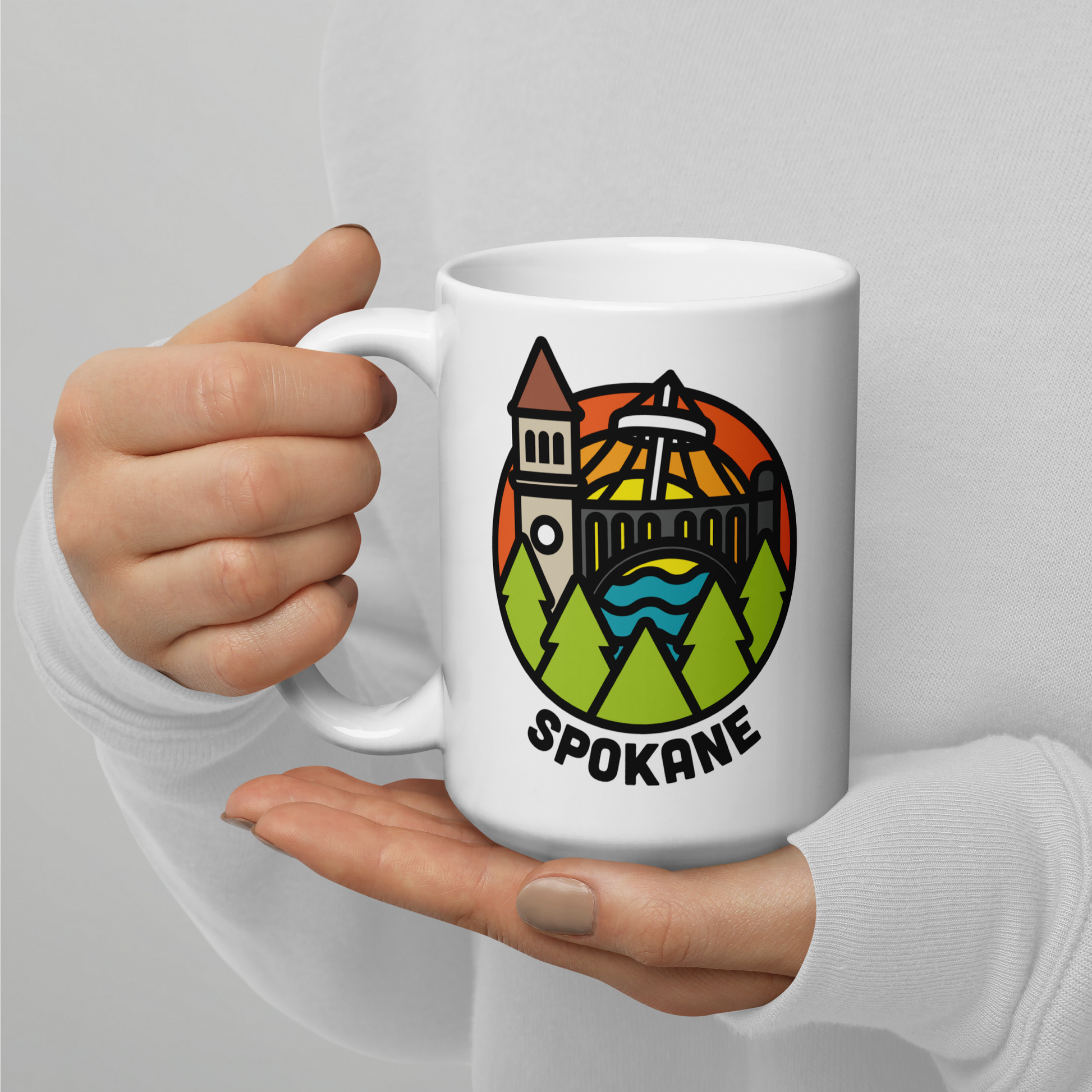Woman Holding Spokane Mug Pavillion Clock Tower Riverfront Art
